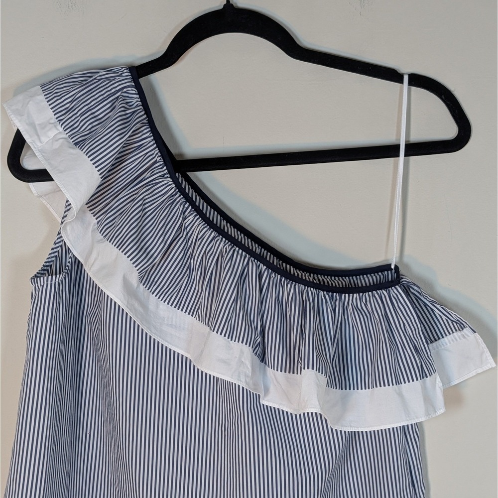 J.Crew Womens One Shoulder Ruffle Striped Cotton Top Blue White Size 4 Nautical